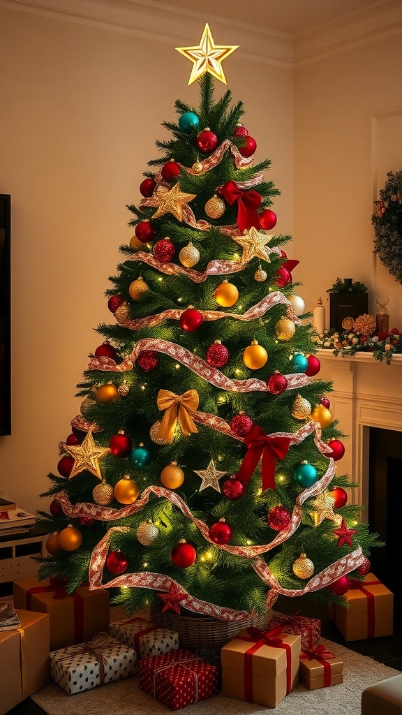 Creative Christmas Tree Decorating Ideas for 180 cm Trees A 180 cm Christmas tree decorated with colorful ornaments and lights in a festive living room.